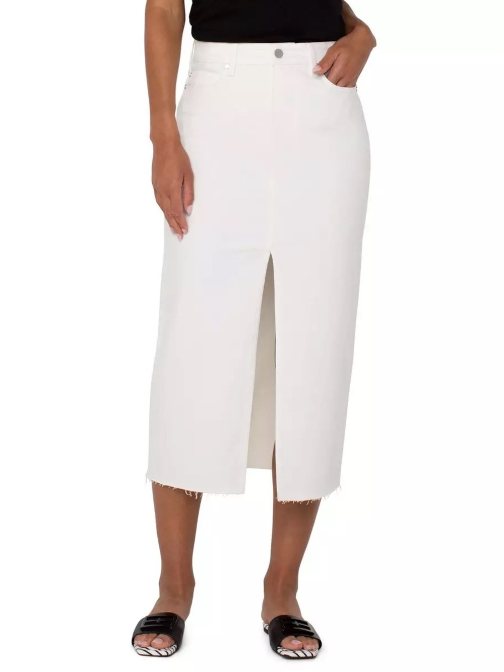 Liverpool Los Angeles Bone White Denim Maxi Skirt NWT Size 6 Raw Hem